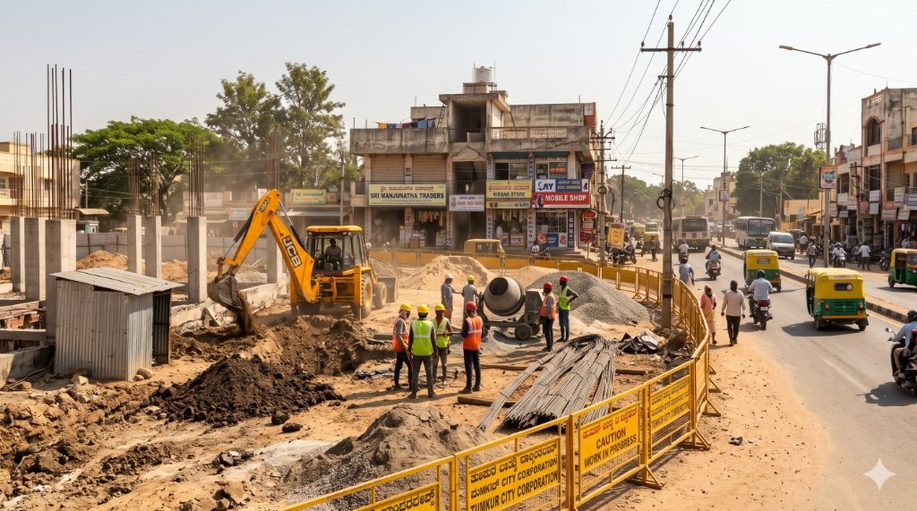 Active Construction Site Execution with Concrete Mixer and JCB Excavator